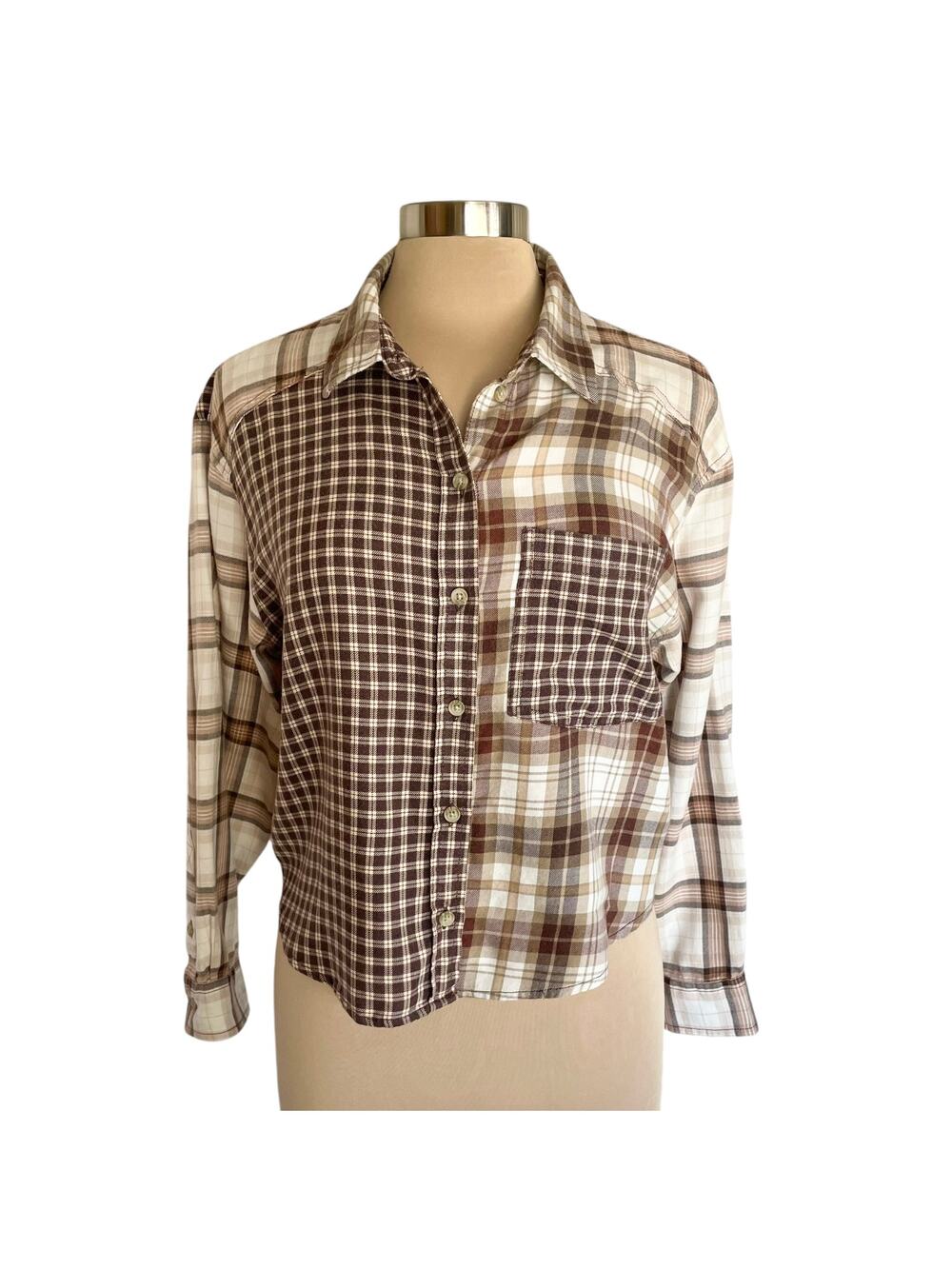 American Eagle Cropped Flannel Button Up Shirt‎ Womens SM Brown Plaid Patchwork
